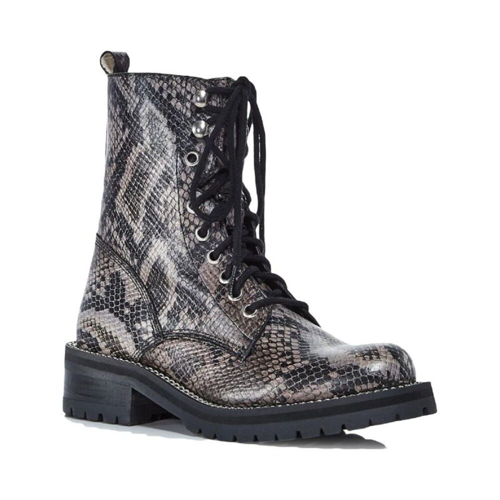 AQUA Womens Gray Snake 1" Platform Jax Toe Block Heel Leather Combat Boots 5 M